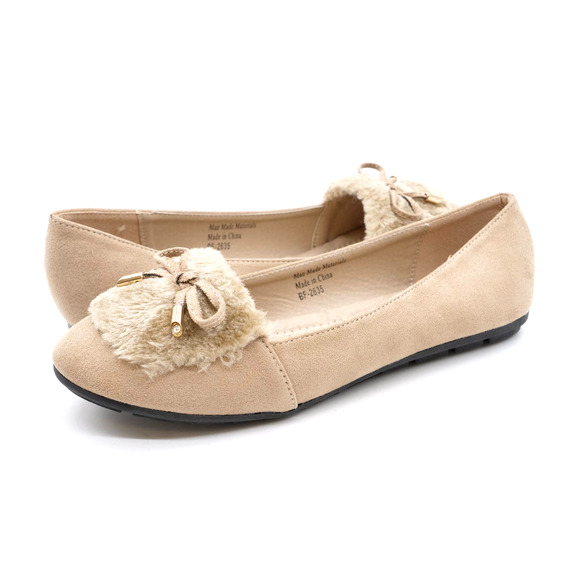 Victoria K Womens 10 Flats Beige Faux Suede Faux Fur Bow Accent Slip On Shoes - Picture 1 of 11